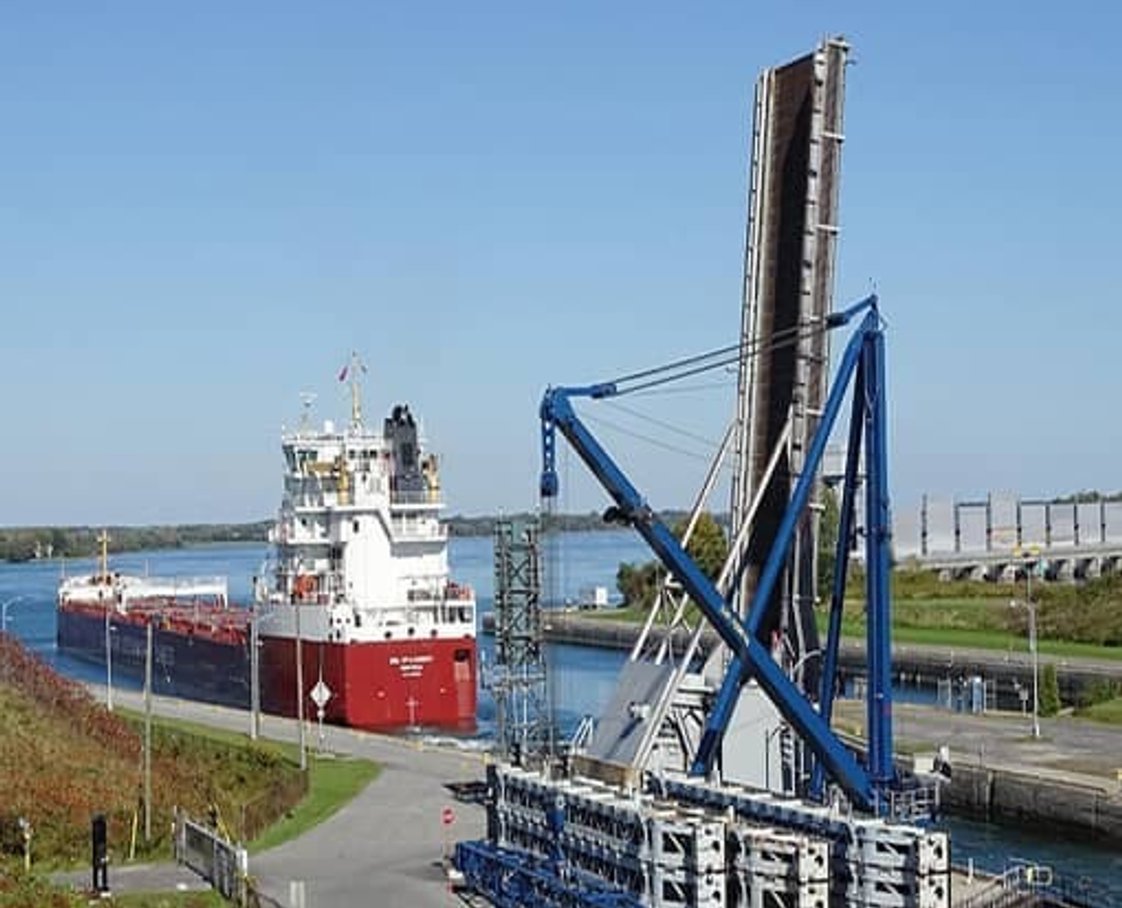 A cargo ship going through the Iroquois locks.