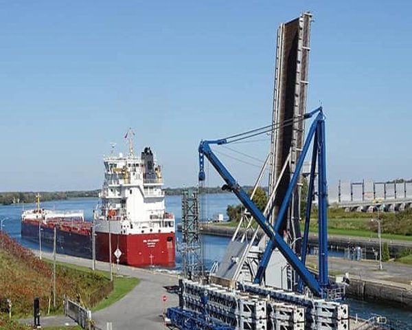 A cargo ship going through the Iroquois locks.