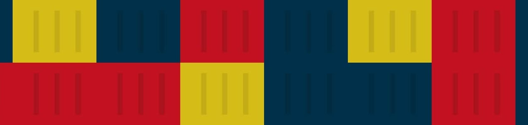 red, blue and yellow
shipping container