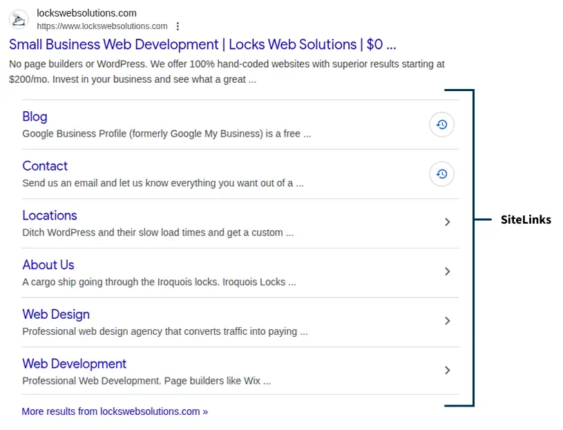 shows the site links in the SERP. shows the site links in the SERP.