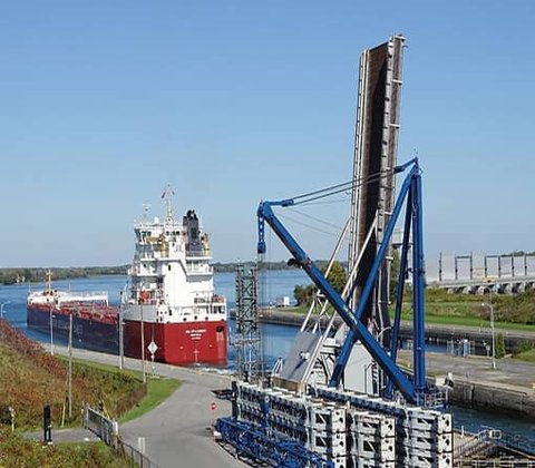 A cargo ship going through the Iroquois locks.