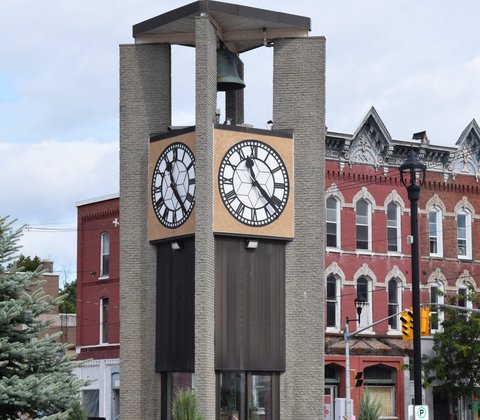 Center of Prescott, ON. The square tower in downtown business district